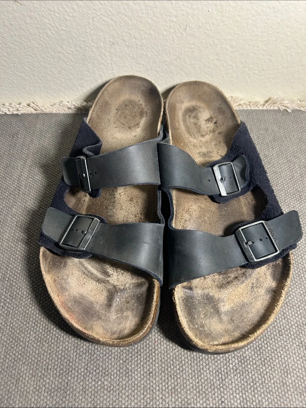 Birkenstock Arizona Two-Strap Black Suede and Leather Sandals